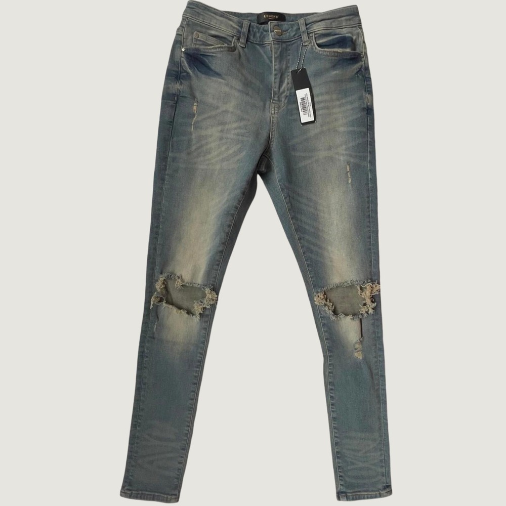 Legend London Spray-On Stone Wash Distressed Knee Jeans‎ Blue 28x30